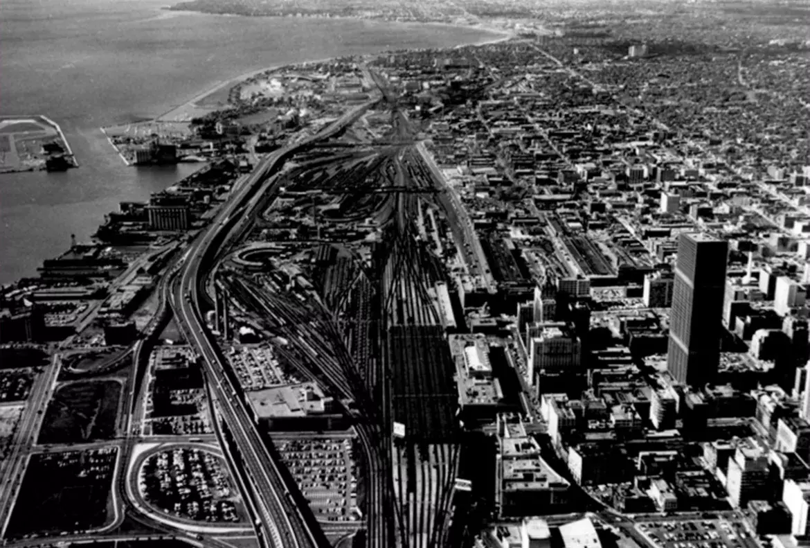 An aerial view of Toronto’s Railway Lands, looking west, in the 1960s.