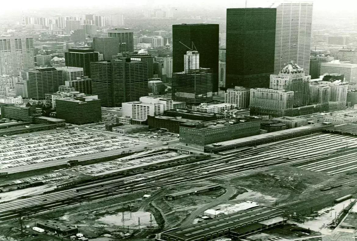 A bird’s-eye view of the construction site for the CN Tower, facing northwest, in March 1973.