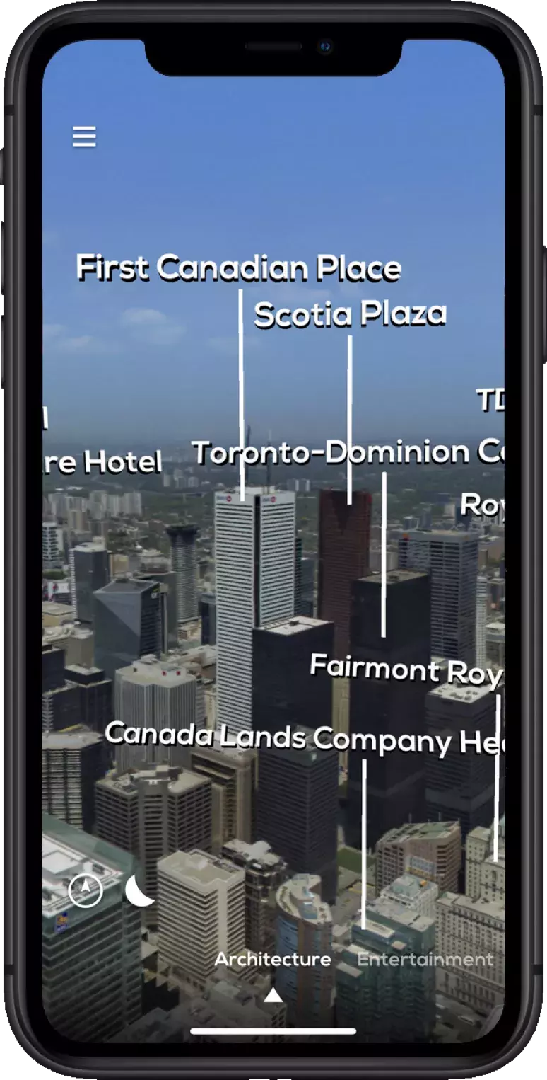 CN Tower Viewfinder app mocked up on phone