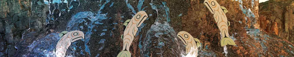 Elements of the painting titled Salmon Run by Dylan Thomas which is displayed on Artmosphere at the CN Tower