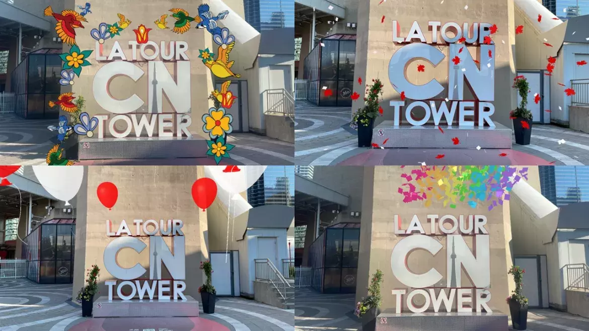 View of four different Instagram filters over the CN Tower sign, with confetti, balloons as well as birds and flowers